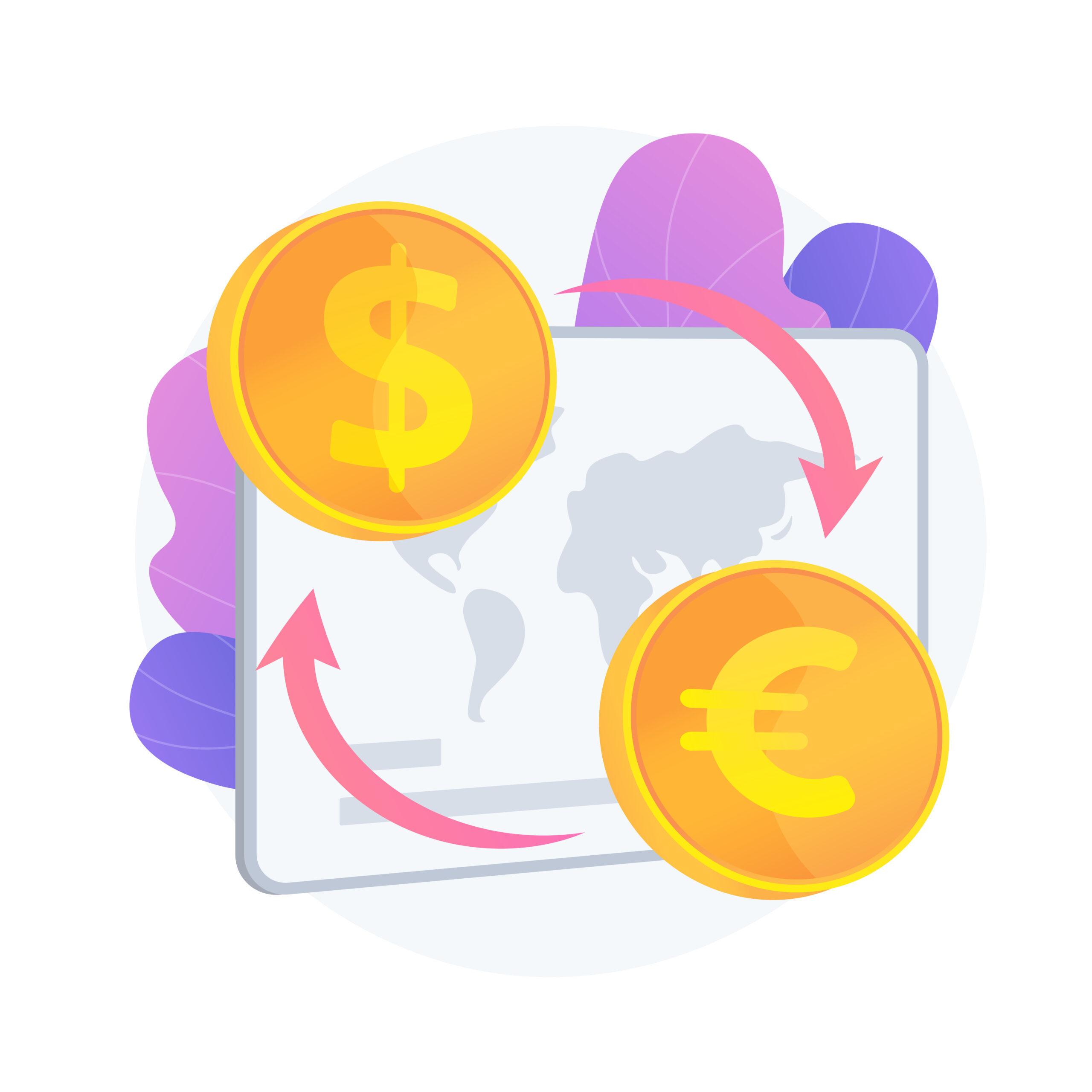 Currency exchange service. Monetary transfer, changing dollar to euro, buying and selling foreign money. Golden coins with EU and US currency symbols. Vector isolated concept metaphor illustration